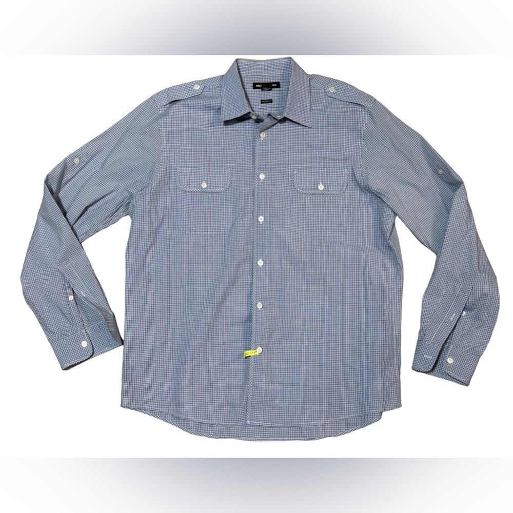 Michael Kors Epaulet Button Front Shirt Size XL Blue‎ Black Check Tailored Fit